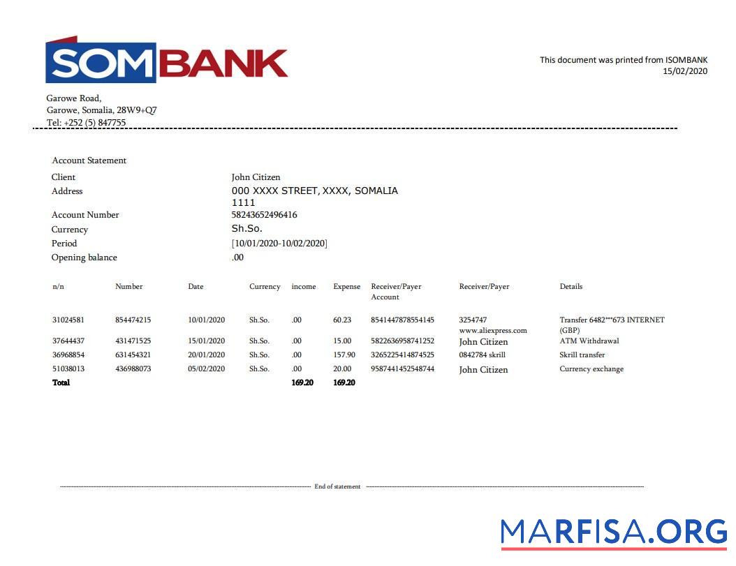 Downloadable Somalia Sombank bank statement word template